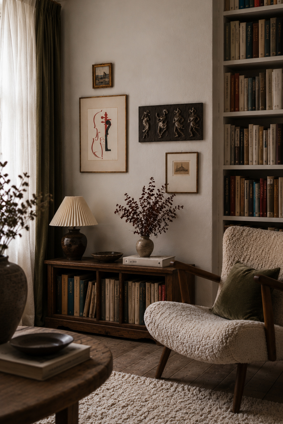 Cozy living room corner with a wooden cabinet, books, a table lamp, and a vase of dried branches near a cushioned chair and textured rug.