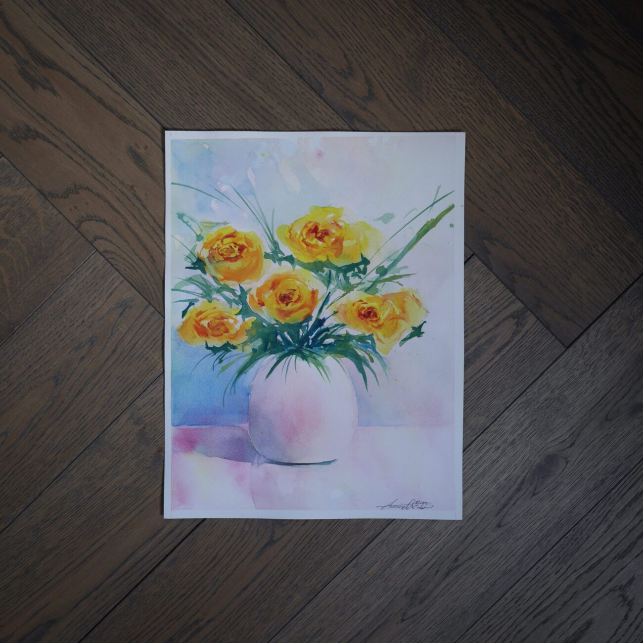Akvarel maleri med gule blomster