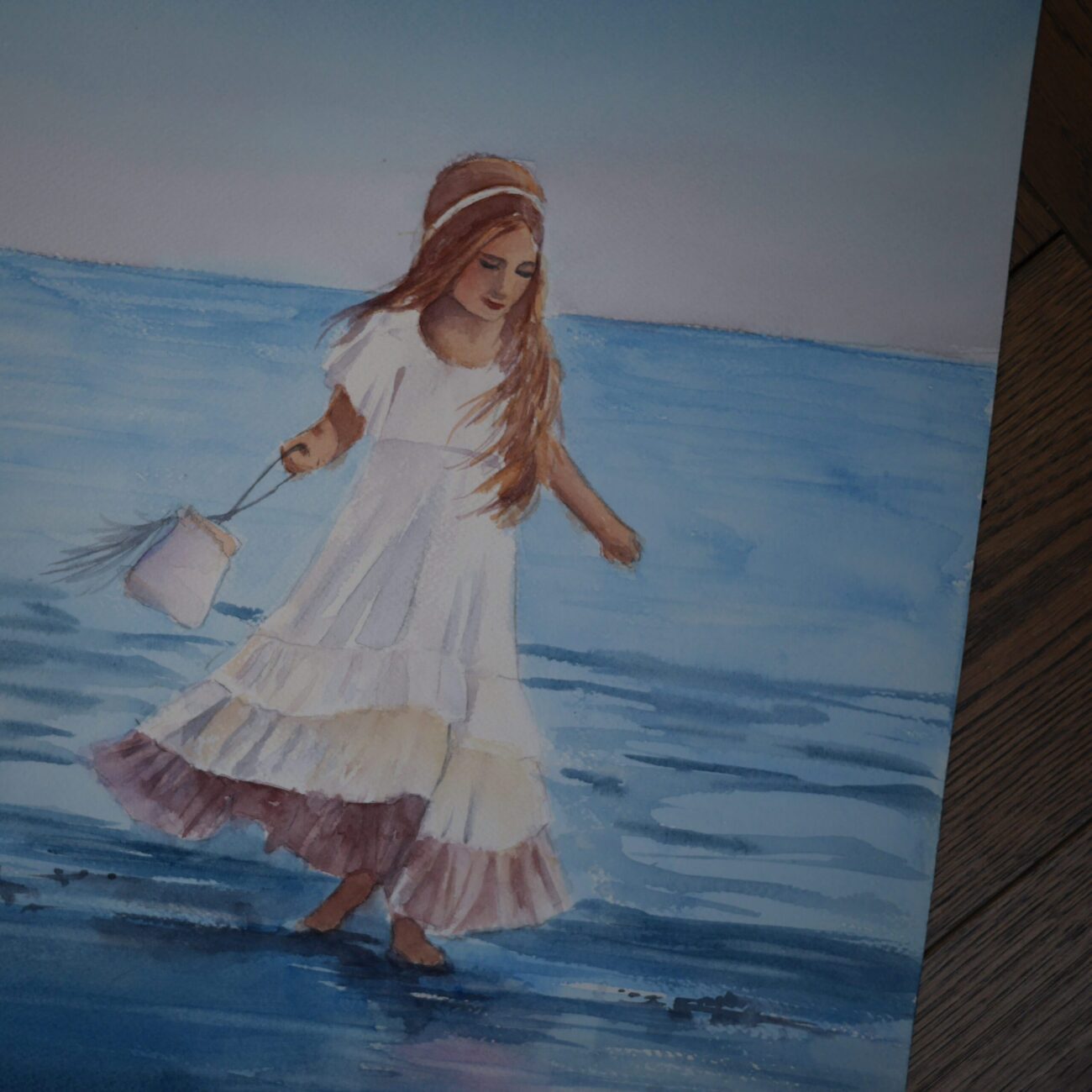 Akvarel Maleri: Pige på Stranden