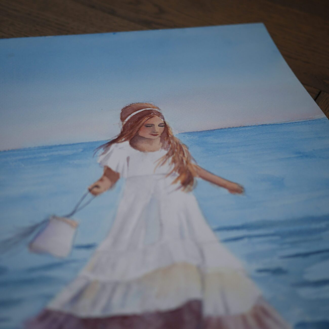 Akvarel Maleri: Pige på Stranden