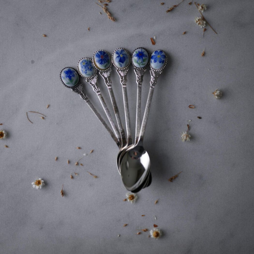 Sølv Teskeer med Blå Blomster, 6 stk.