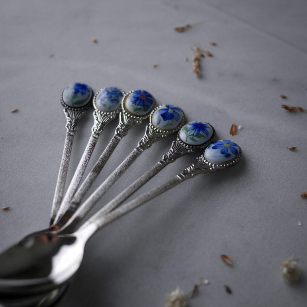 Sølv Teskeer med Blå Blomster, 6 stk. 1