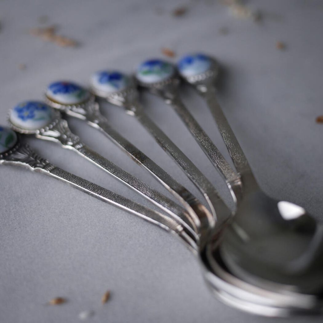 Sølv Teskeer med Blå Blomster, 6 stk. 3