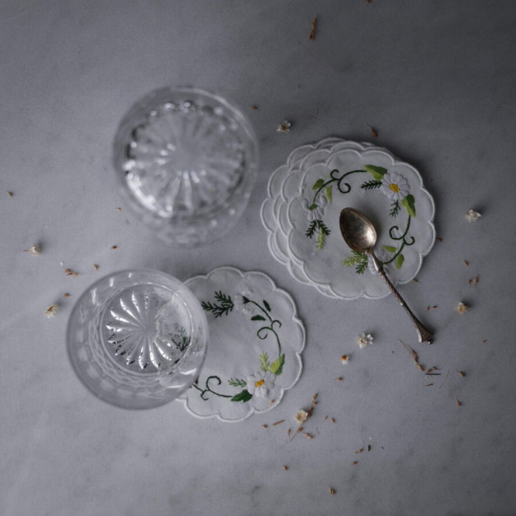 Broderede Bordskånere til Glas, 5 stk.