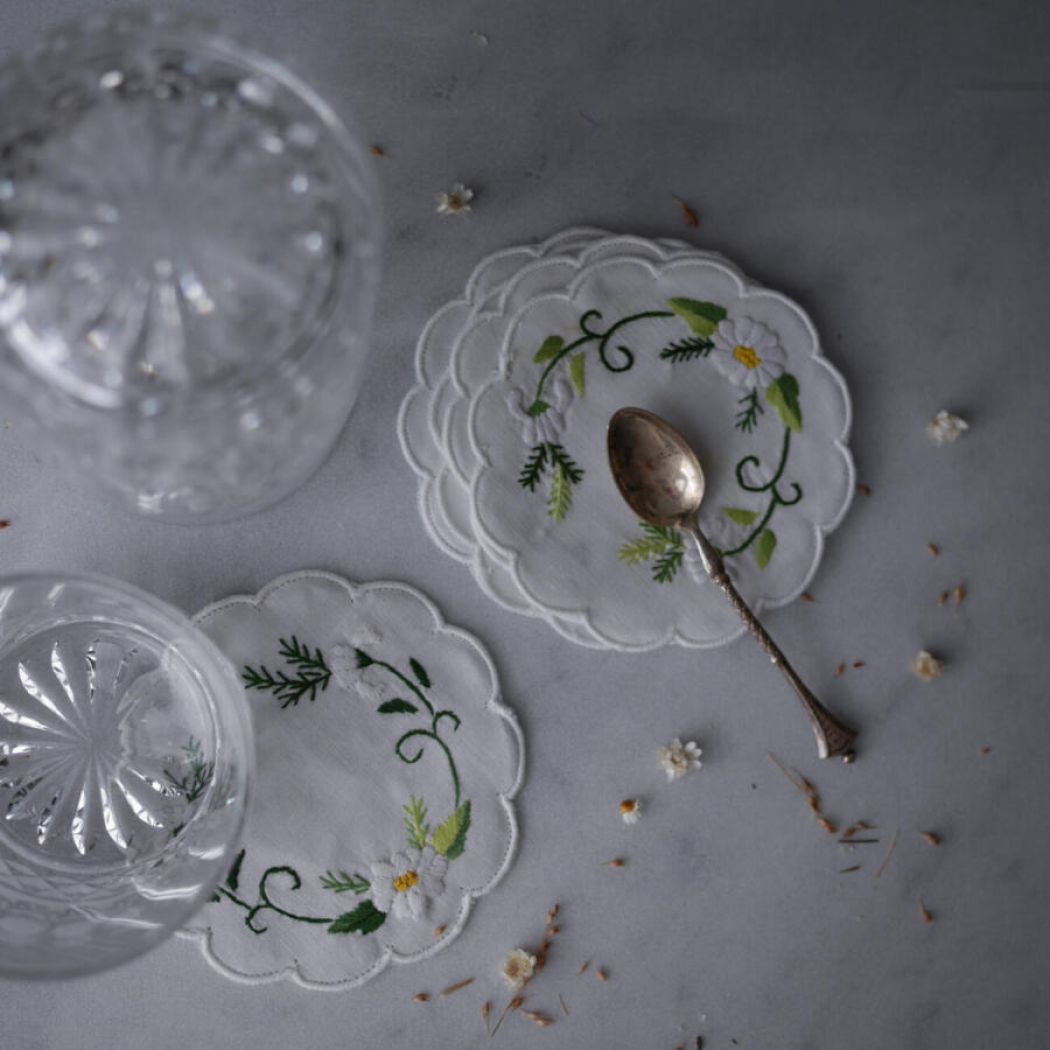 Broderede Bordskånere til Glas, 5 stk.