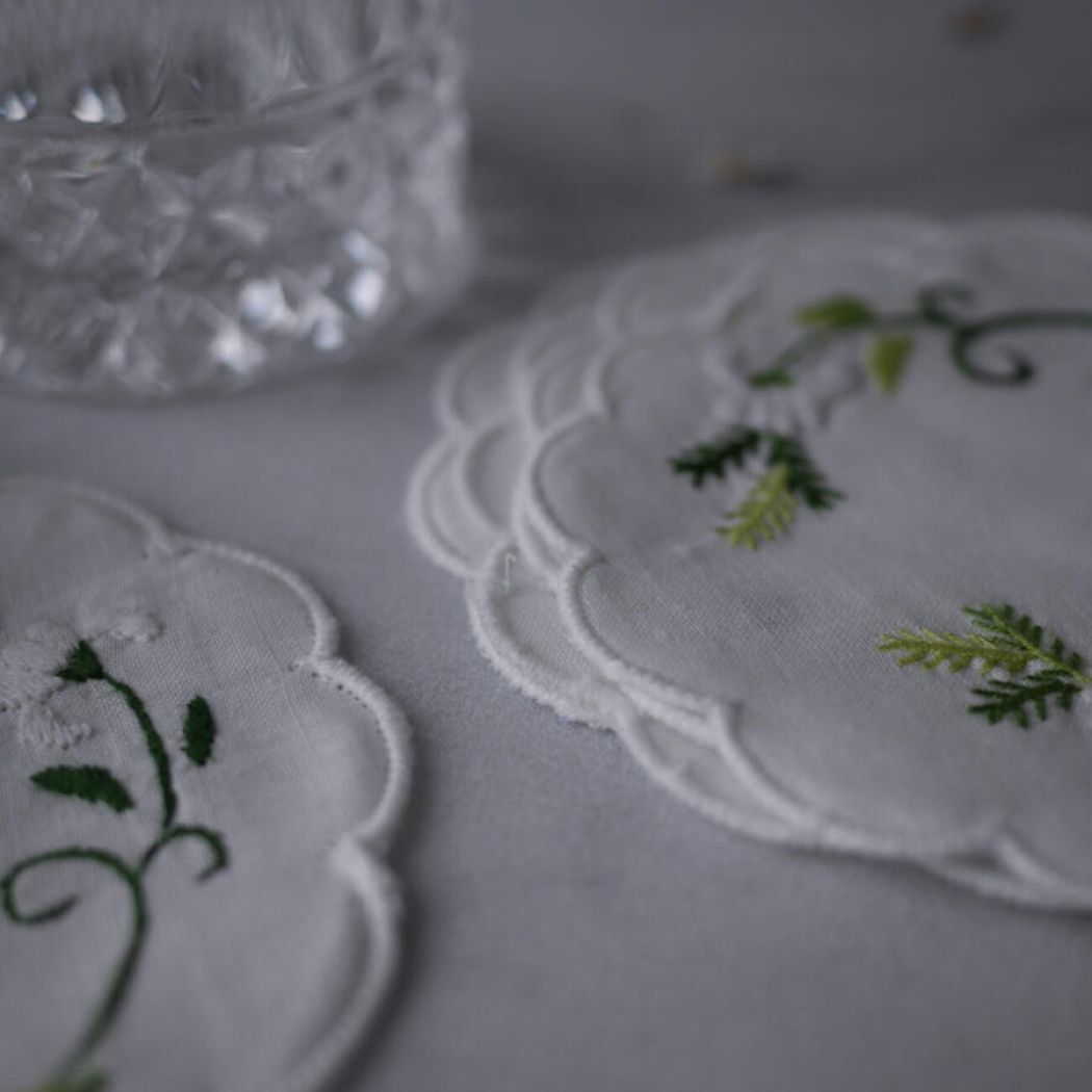Broderede Bordskånere til Glas, 5 stk.