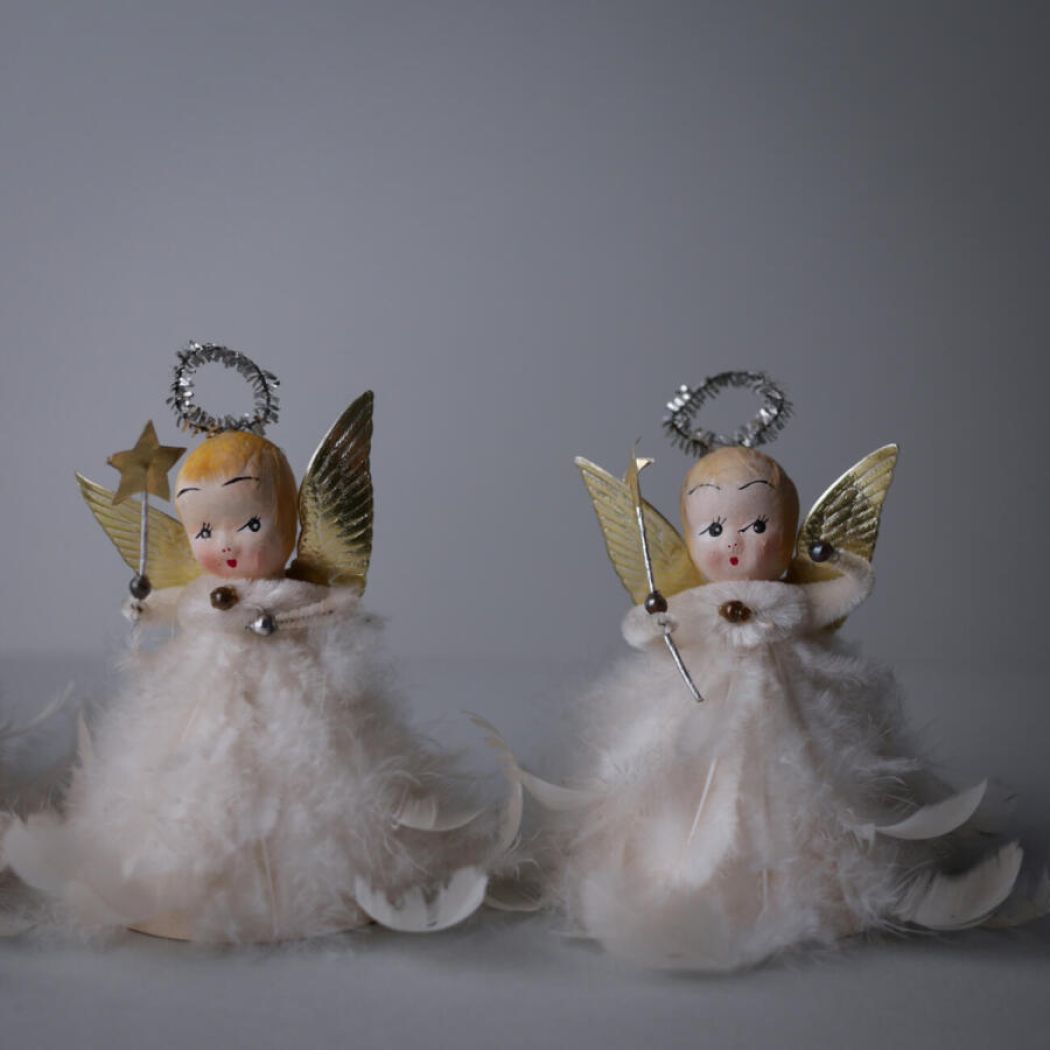 Vintage Engle med Fjer, 2 stk.