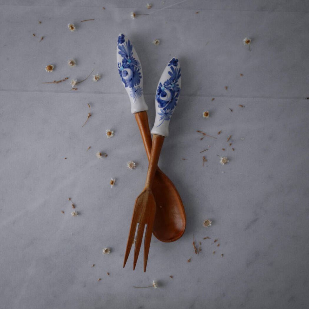 Salatbestik med Porcelænsskaft