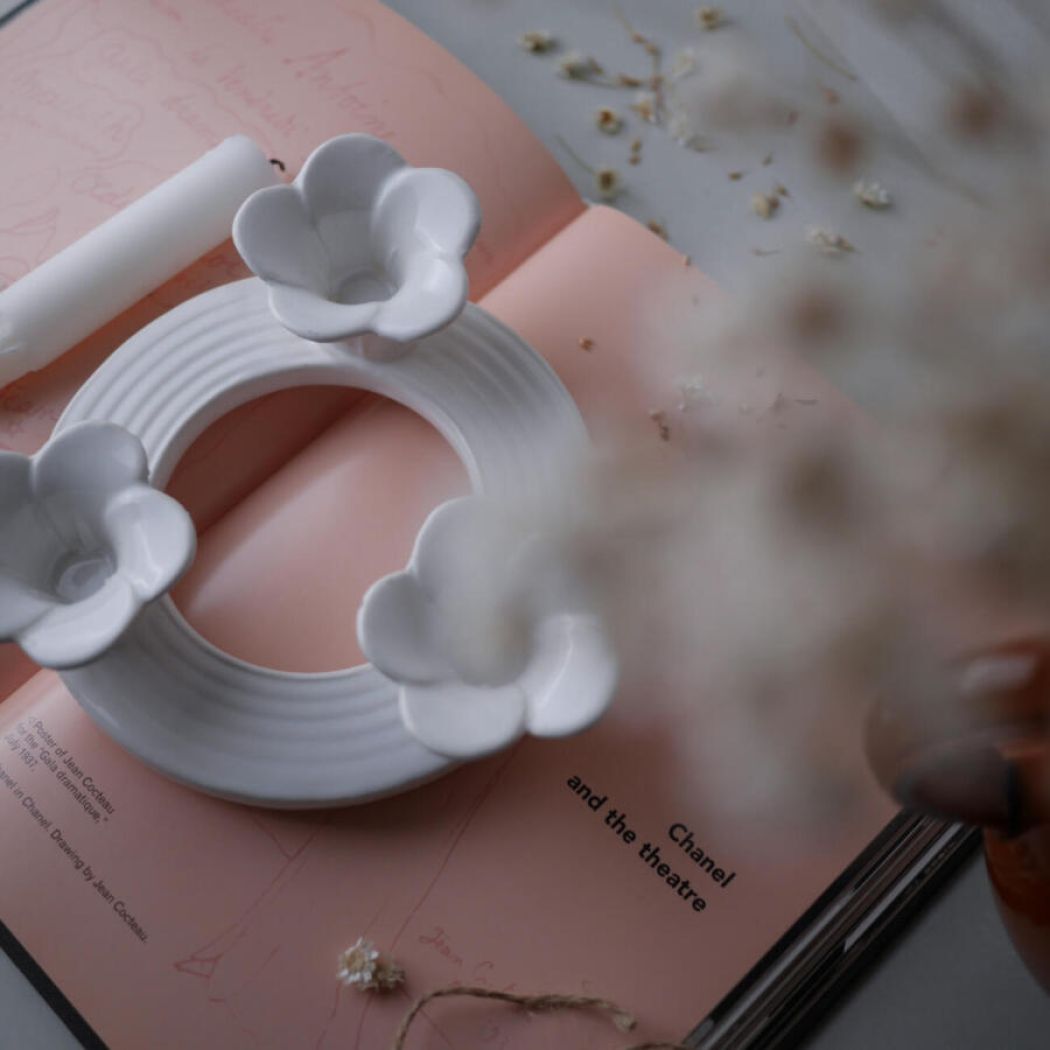 Rund Porcelæns Lysestage med Blomster 17