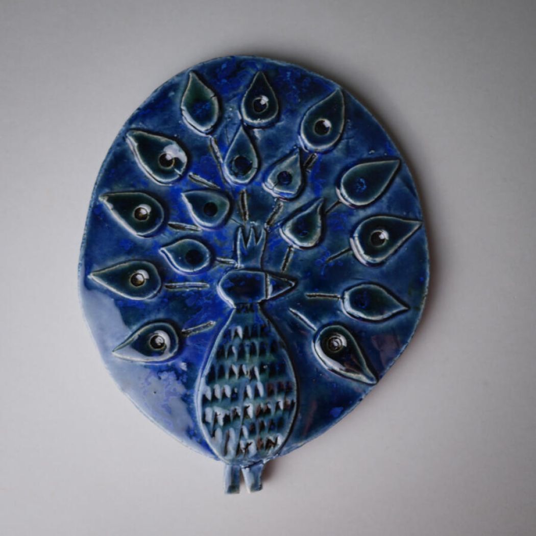 Blåt Keramik Relief med Påfugl 2