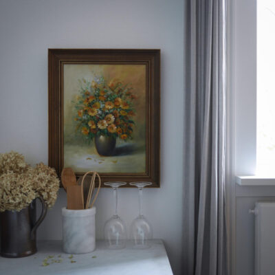 Maleri med Blomster i Gule og Orange Nuancer