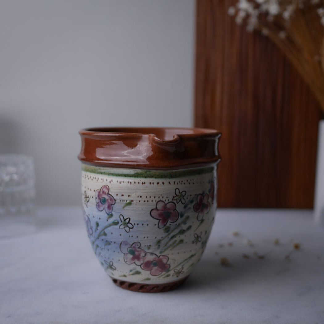 Keramik kande med Små Lilla Blomster 3
