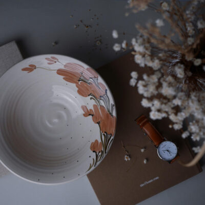 Håndlavet Beige Skål med Blomster