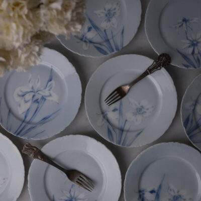 Lyseblå Desserttallerkner med Blomster, 7 stk.