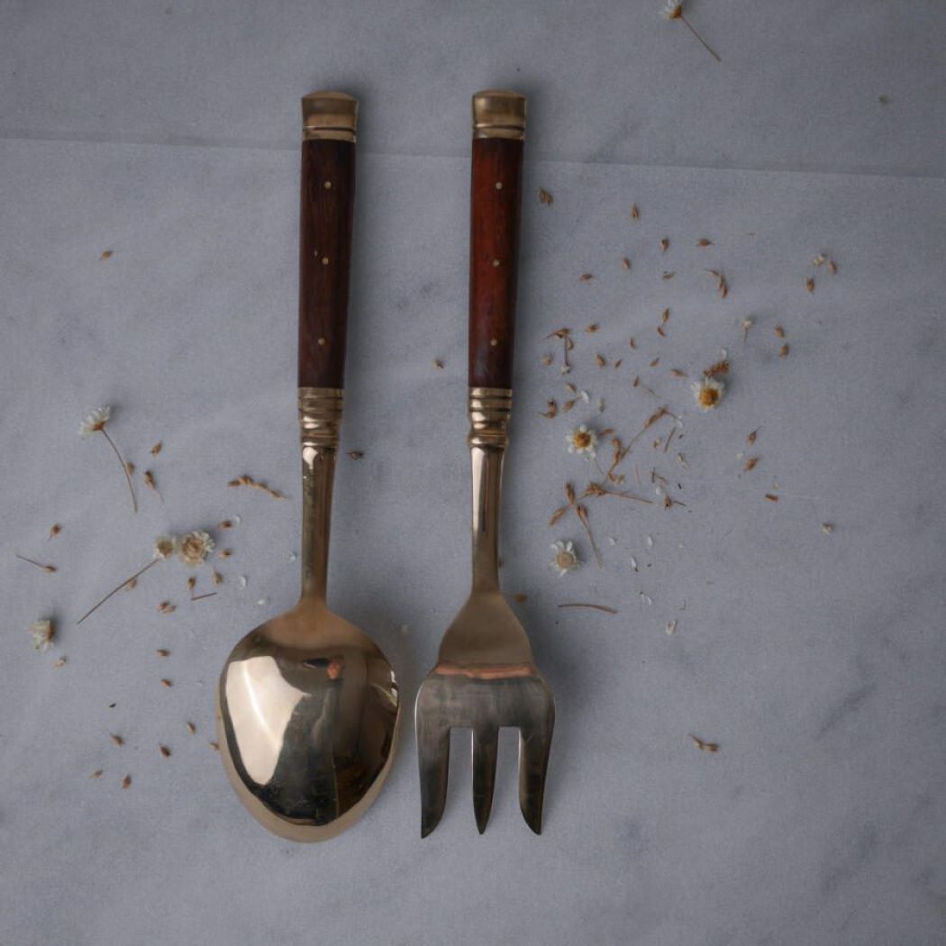Messing Salatbestik med Træskafter, 2 stk. 6