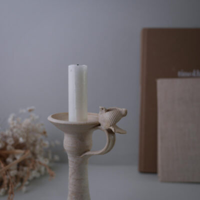 Beige Lysestage i Keramik med Fugl