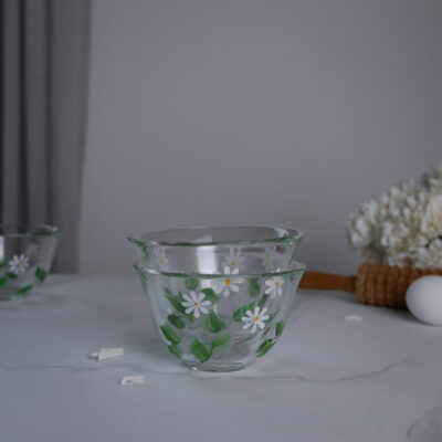 Glåsskåle med Hvide Håndmalede Blomster, 3 stk.