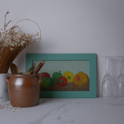 Maleri med Grøntsager i Turkis Ramme