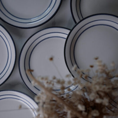 White ceramic plates with double blue rims arranged on a table, foreground shows dried flowers.