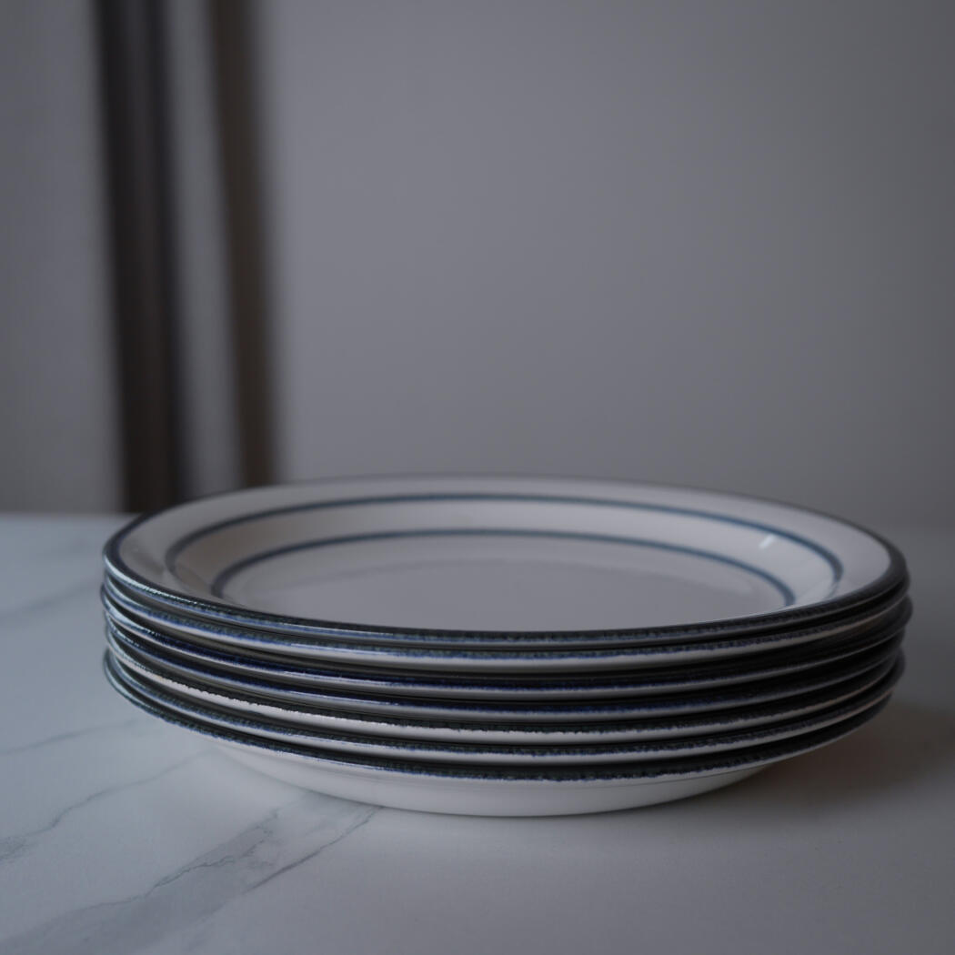 Stack of white plates with blue rims stacked on a marble table.