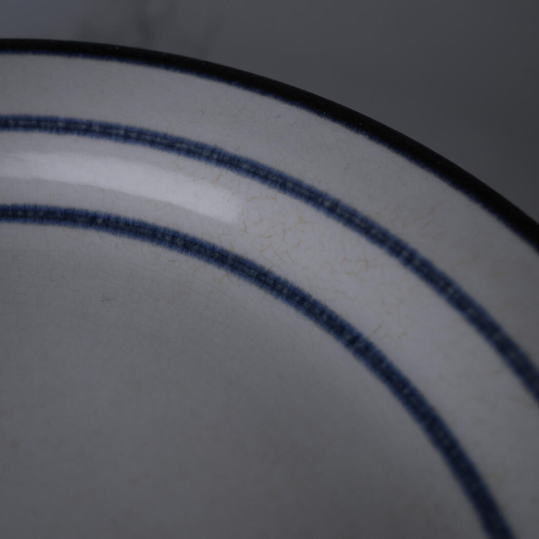 Close-up of a white ceramic plate edge with blue decorative stripes curving across the rim.