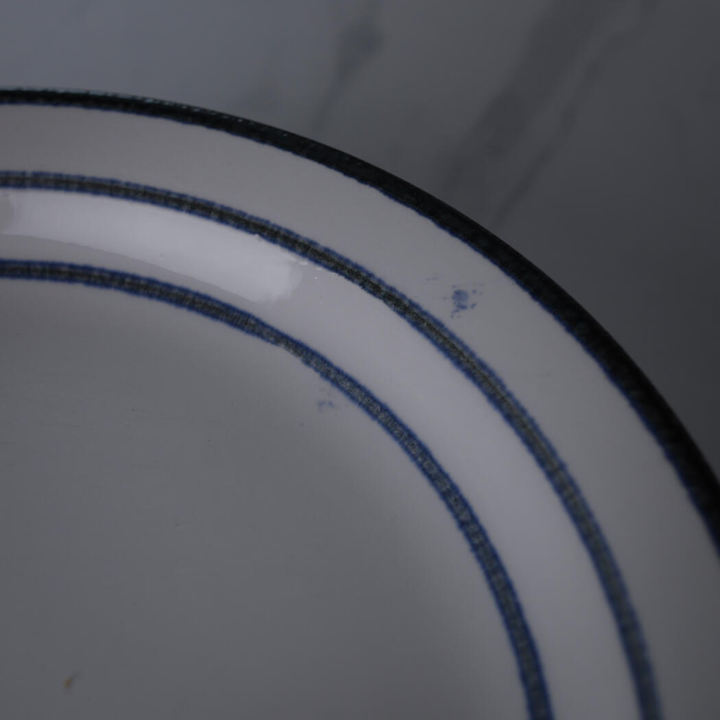 Close-up of a white ceramic plate with dark blue edges and two thin blue rims in the rim area.