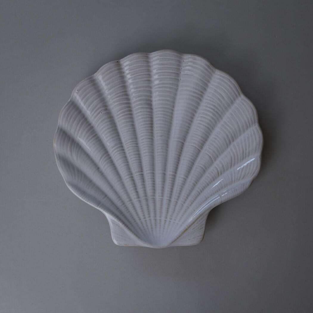 White scallop-shaped ceramic plate on a gray background, ridged texture visible