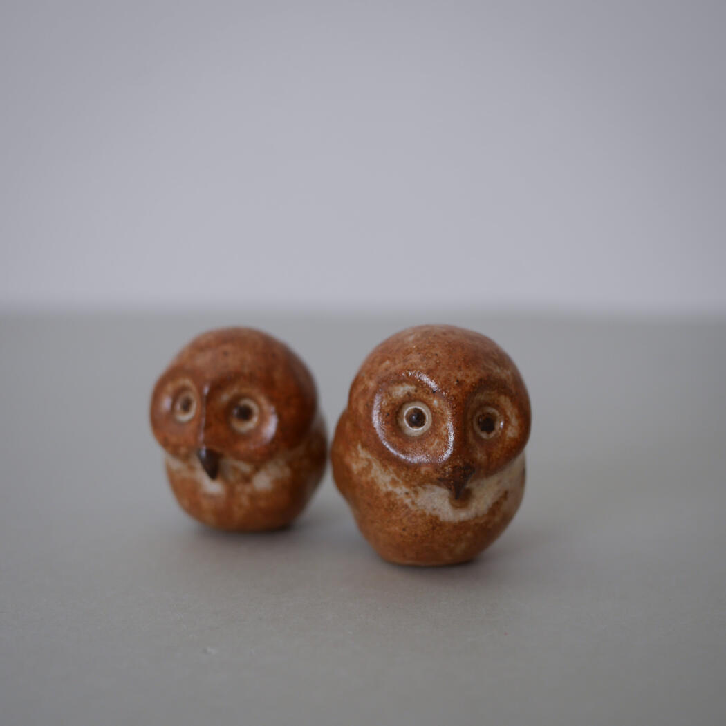 Two brown owl-shaped cookies with white beaks and googly eyes on a gray surface.