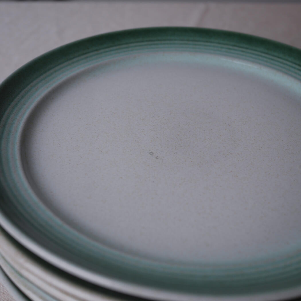 Close-up of a ceramic plate with a pale center and teal-green rim on a neutral surface