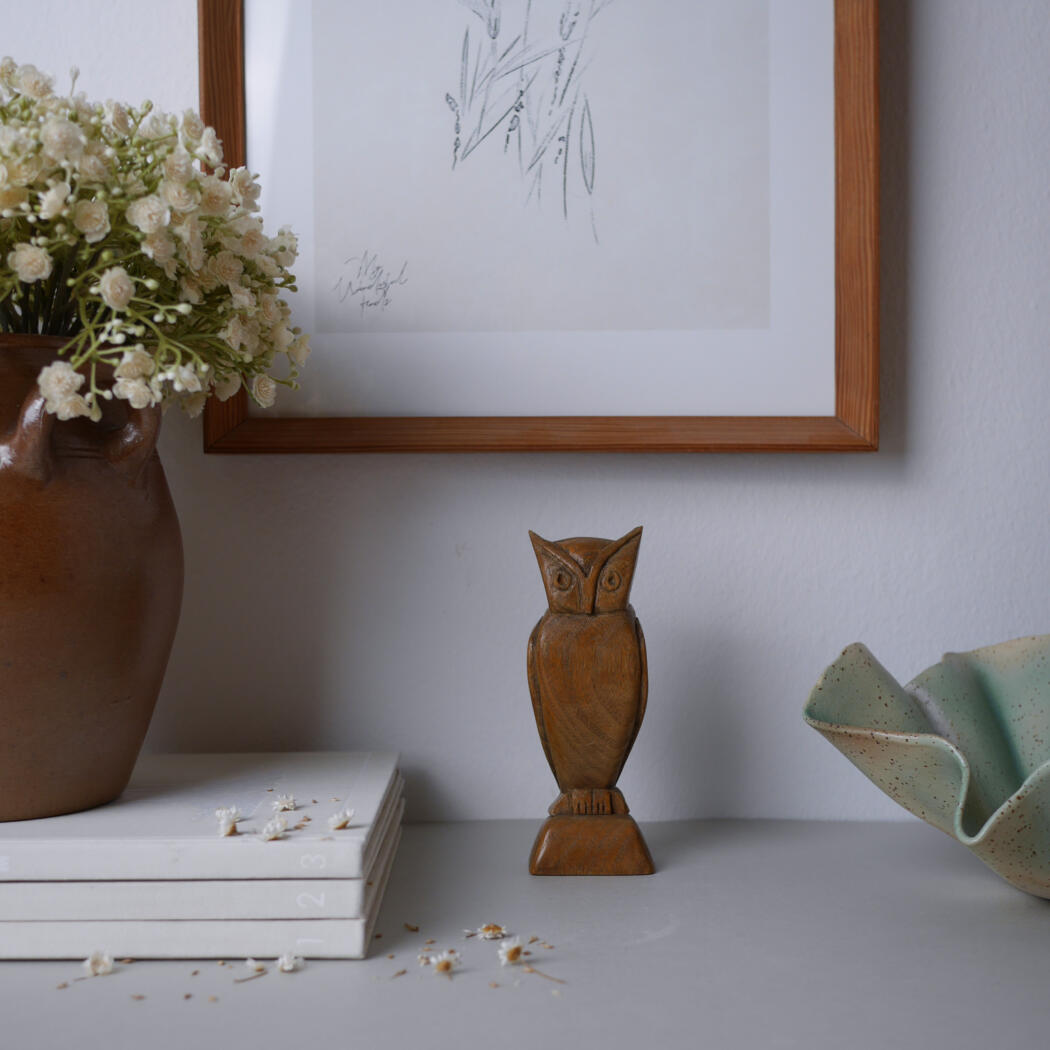 Still life scene with a wooden owl figurine on a white surface, flanked by a vase of cream flowers and a framed drawing behind.