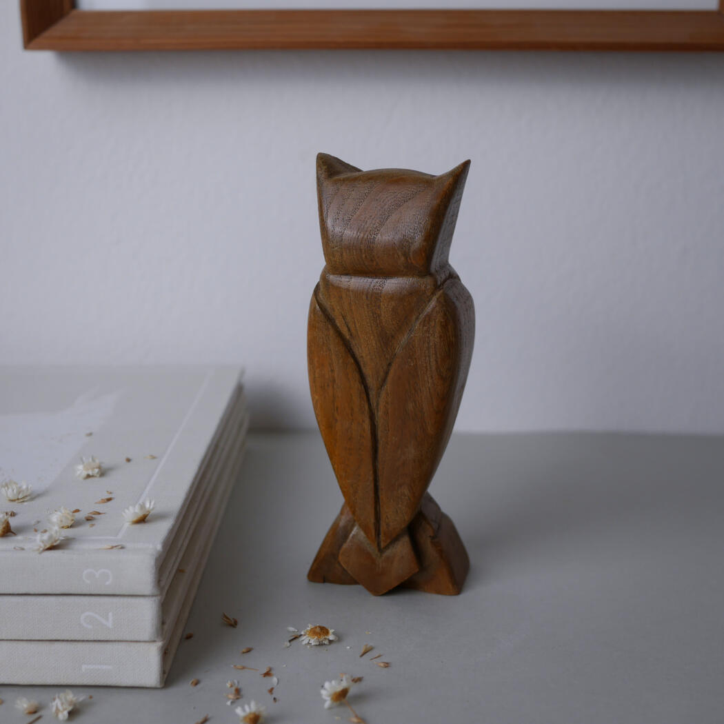 Decorative wooden owl sculpture on a table beside a stack of white books and scattered flower petals.