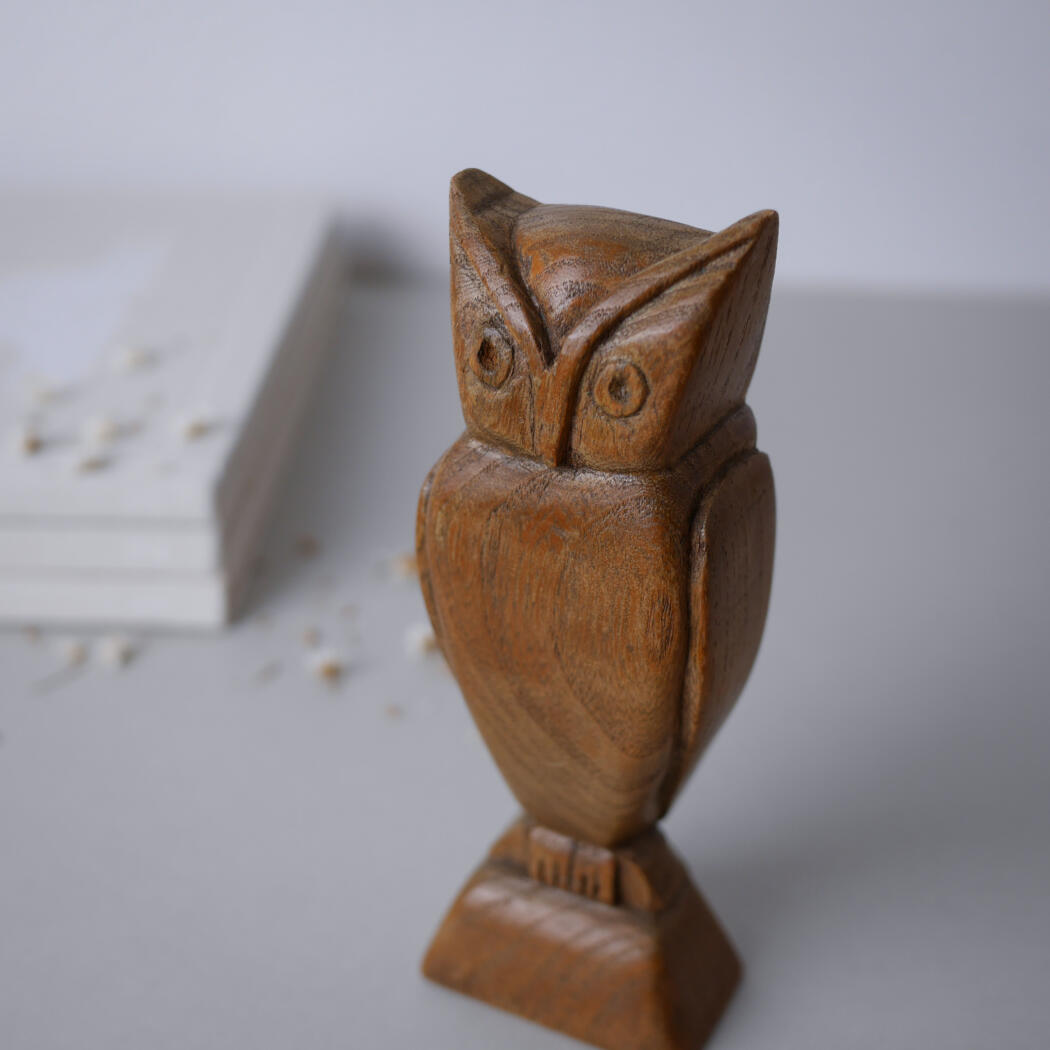 Wooden carved owl statue on a small pedestal, with a stack of white books and scattered seeds in the blurred background.