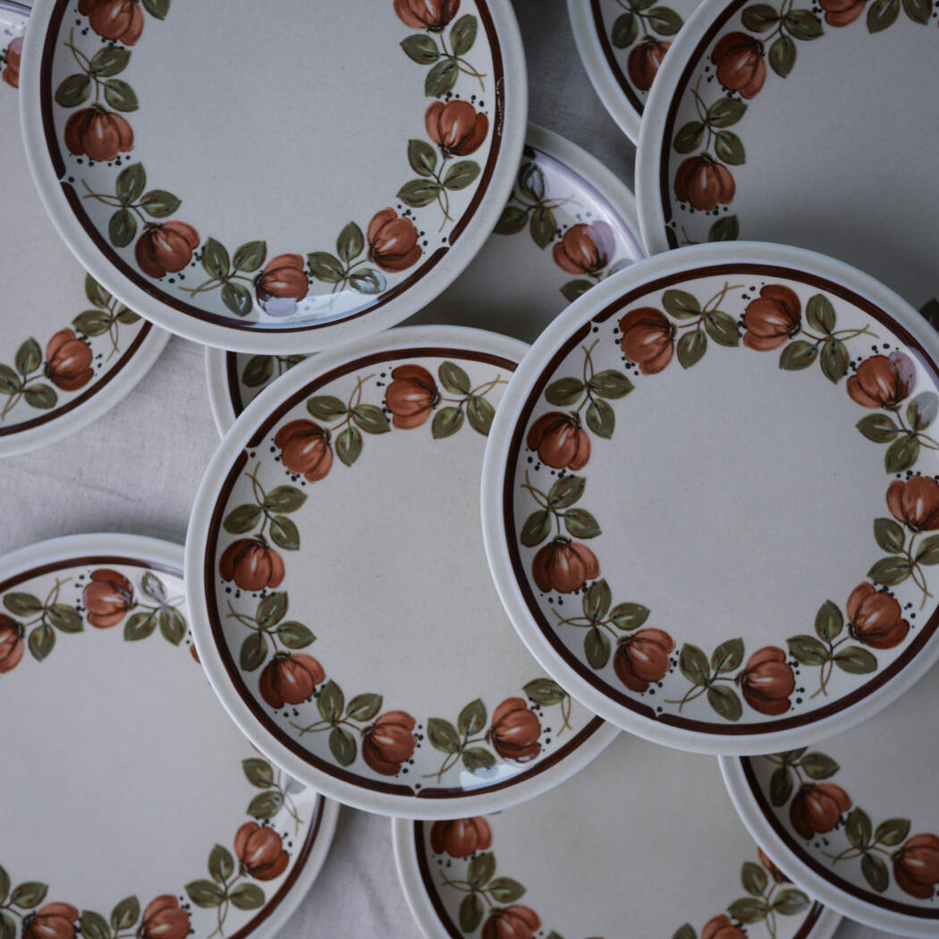 Stack of white ceramic plates with an orange pumpkin and green leaf border arranged in a cluster on a light surface.
