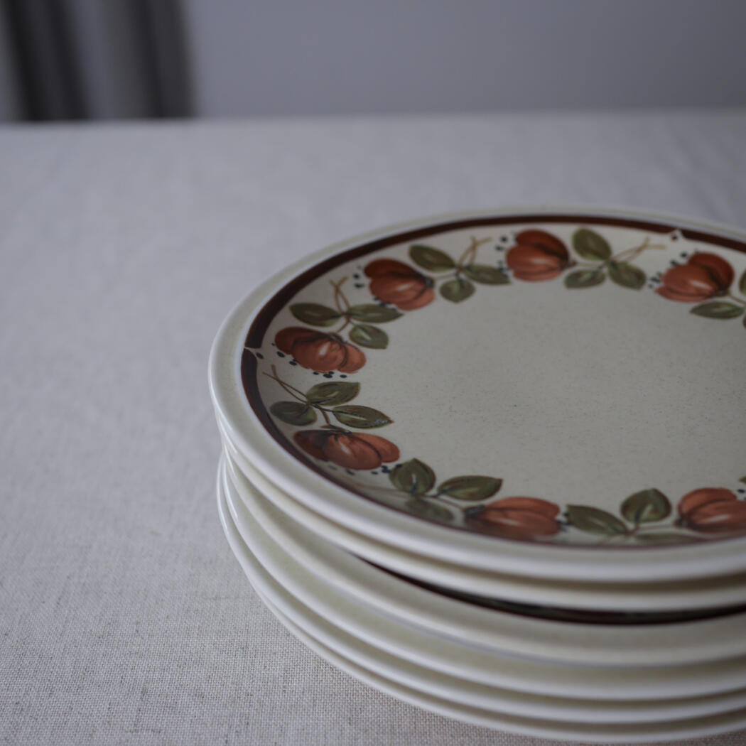 Stack of cream ceramic plates with a red-orange fruit and green leaf border, stacked on a light tablecloth.