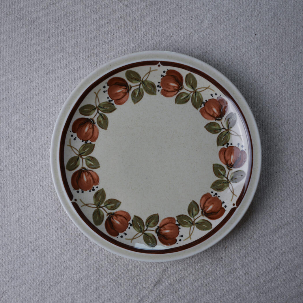 Round ceramic plate with a red fruit and green leaf border on a light gray fabric surface, centered image.