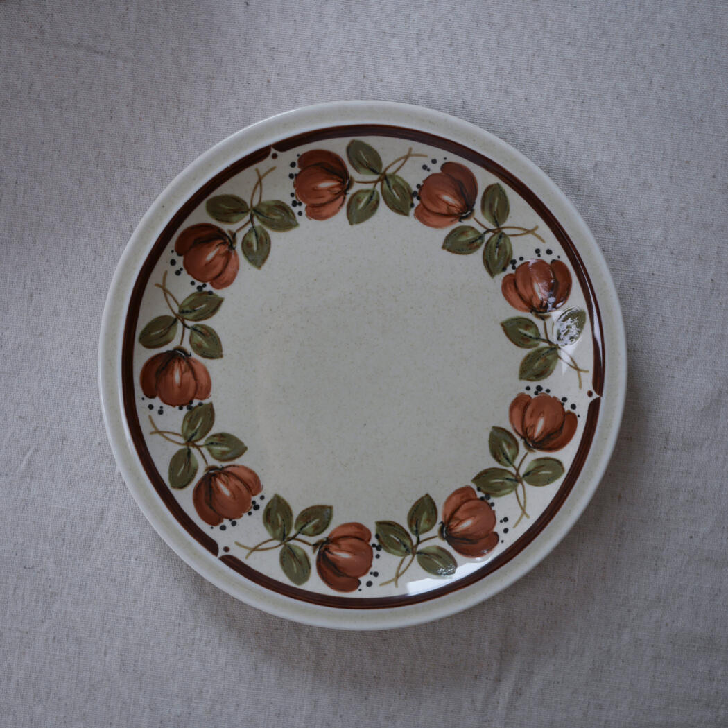 Round ceramic plate with a red fruit and green leaf border on a light fabric backdrop, photographed from above.