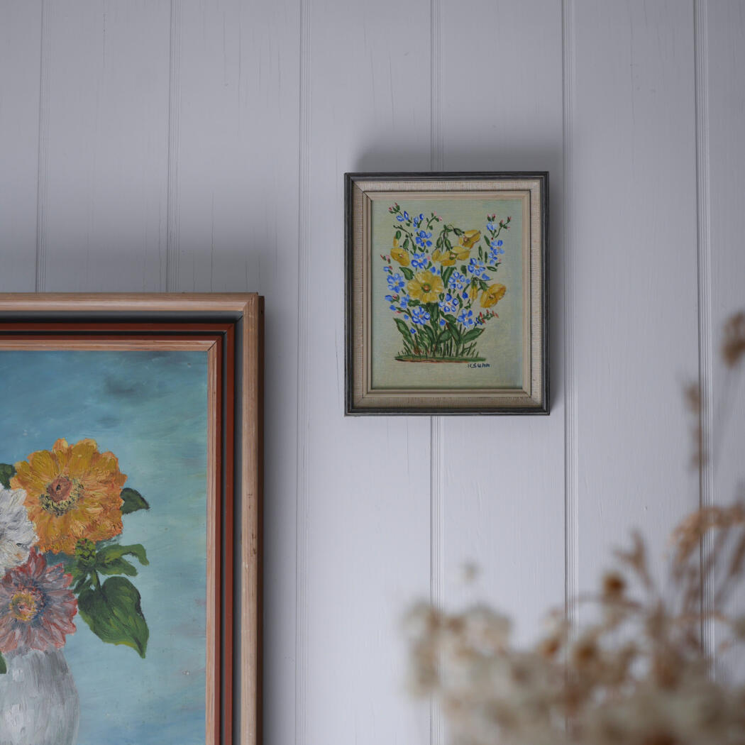 Lille Maleri med Gule & Blå Blomster