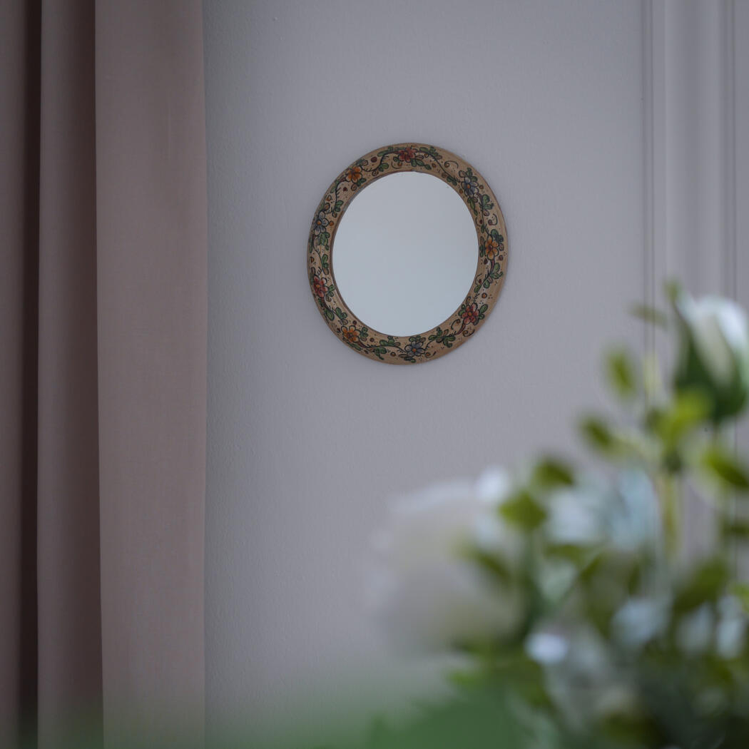 Lille Rundt Keramik Spejl med Blomster