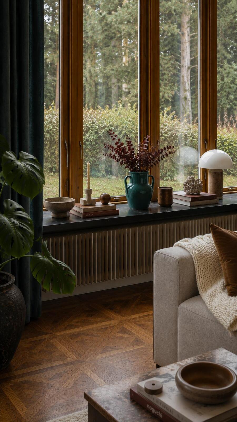 Wide wooden-framed window with a dark windowsill displaying a teal vase with red branches, candles, books, and a white table lamp.